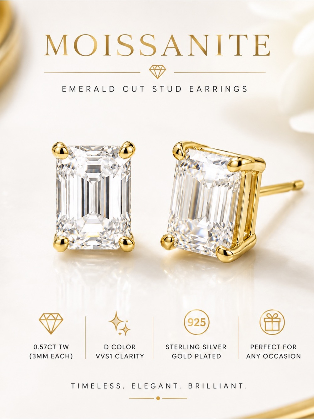 925 Sterling Silver Gold Plated Emerald Cut Moissanite Stud Earrings 0.57 CTW D